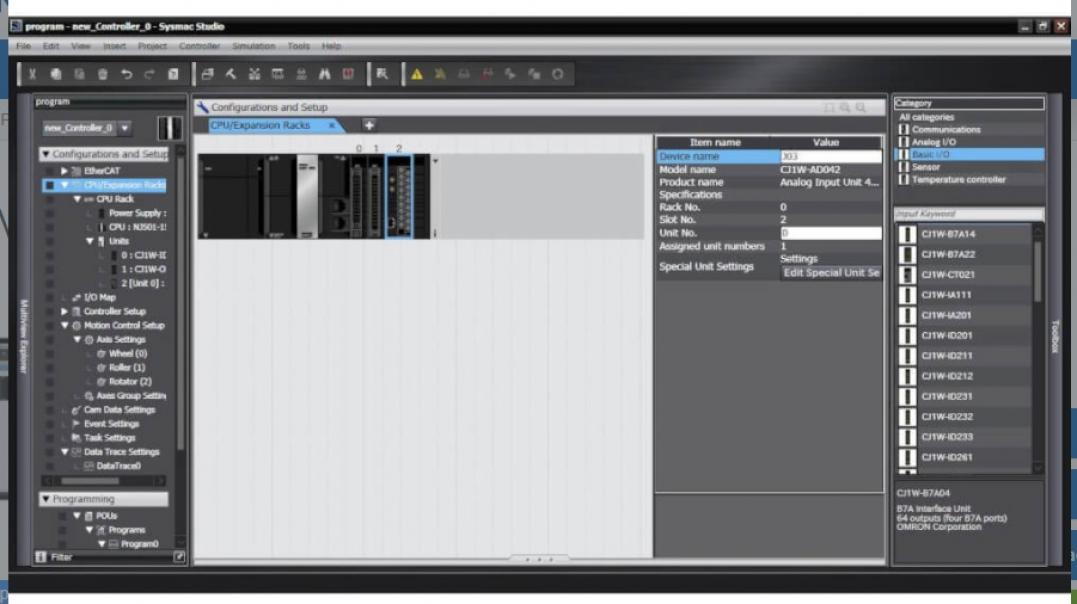 Screenshot software Sysmac Studio Omron gestione configurazione rack CPU automazione industriale