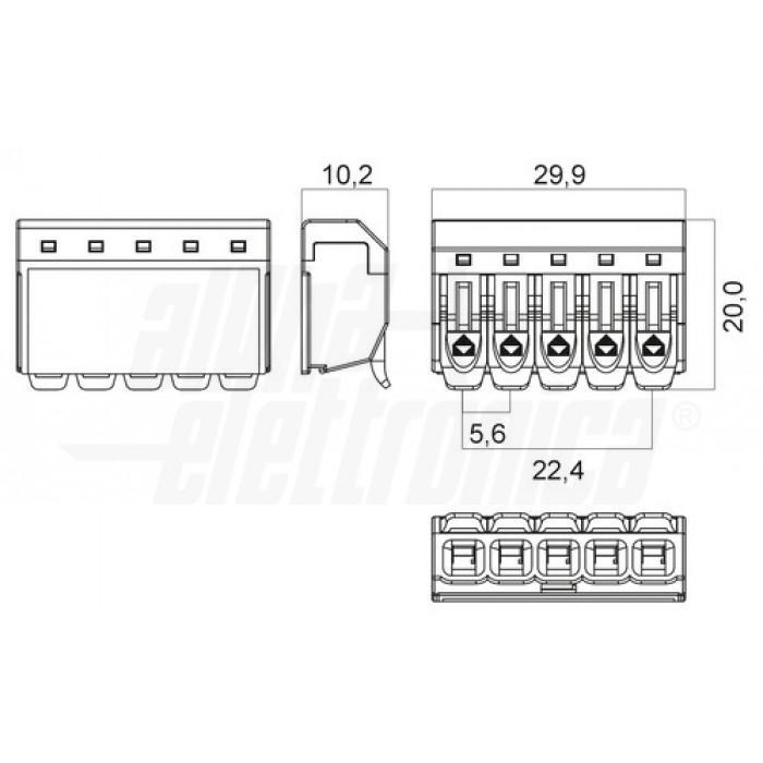 Disegno tecnico dimensionale morsetto rapido 5 poli singolo max 4mm Alpha Elettronica schema di montaggio