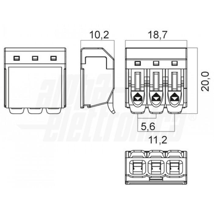 Dimensioni morsetto rapido 3 poli singolo 4 mm Alpha Elettronica con disegno tecnico