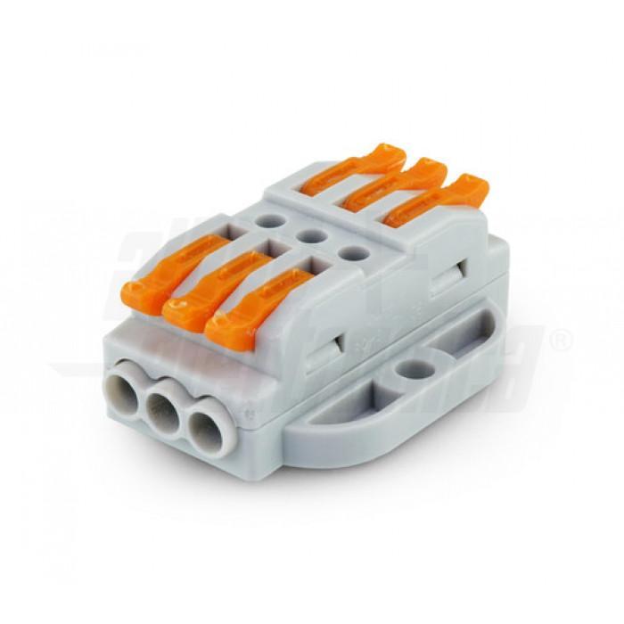 Morsetto rapido 3 poli passante Alpha Elettronica con leve arancioni e fori di fissaggio per cablaggi elettrici