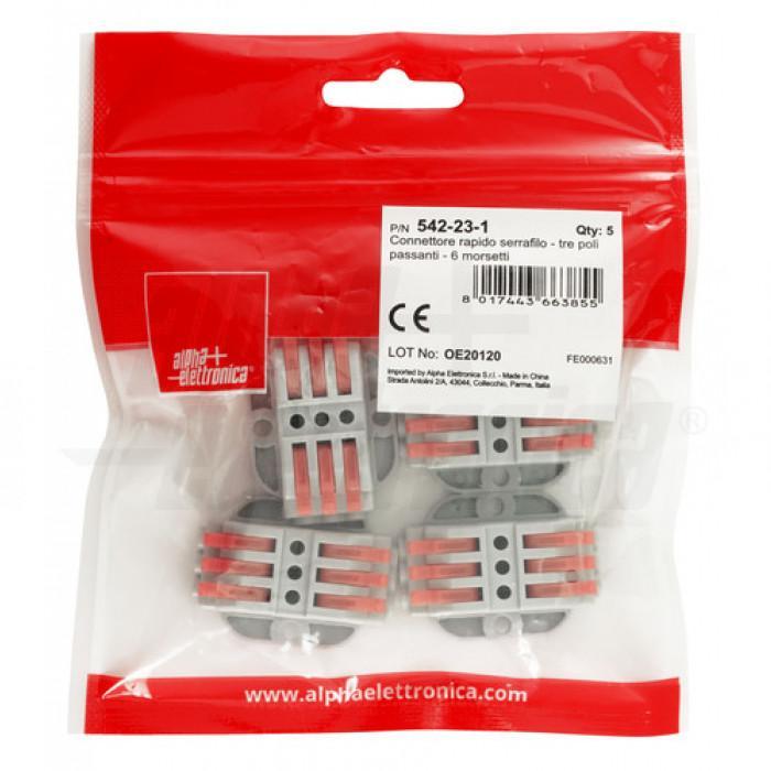Confezione da 5 morsetti rapidi 3 poli passanti Alpha Elettronica in busta trasparente