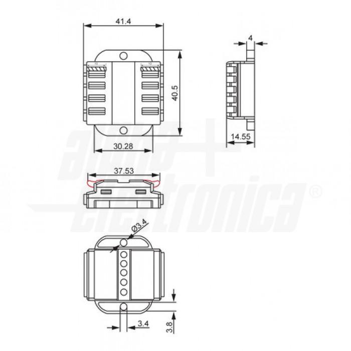 Schema tecnico morsetto rapido 5 poli passante con dimensioni e fori di fissaggio