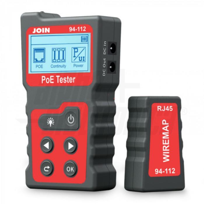 Vista laterale tester cavi LAN PoE RJ45 con ricevitore e trasmettitore