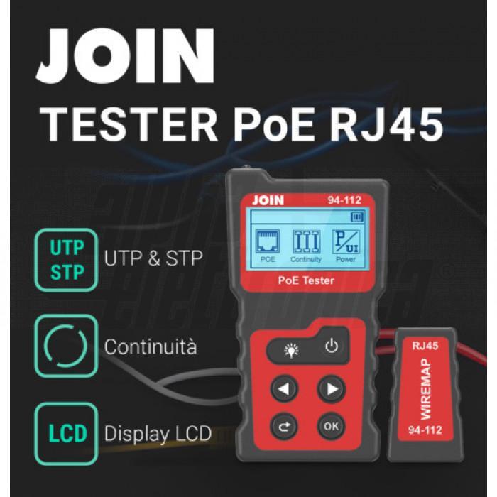 Dettaglio funzionalitu00e0 tester PoE RJ45 con display LCD e compatibilitu00e0 UTP STP