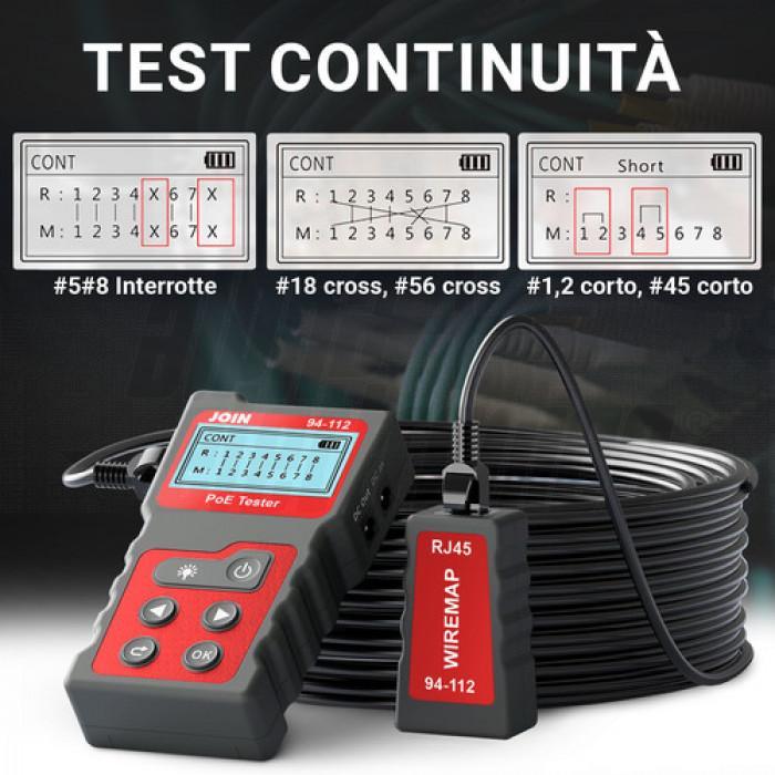 Tester cavi LAN PoE RJ45 durante test di continuitu00e0 e mappatura fili