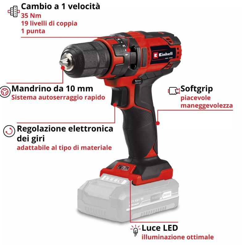 einhell einhell trapano avvitatore a batteria 18v einhell 4513927 senza batteria - foto 2