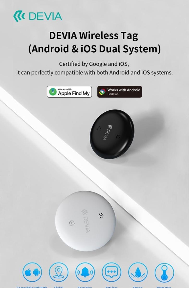 Dispositivo anti smarrimento wireless Devia compatibile con Android e iOS, visione prodotto nero e bianco in evidenza