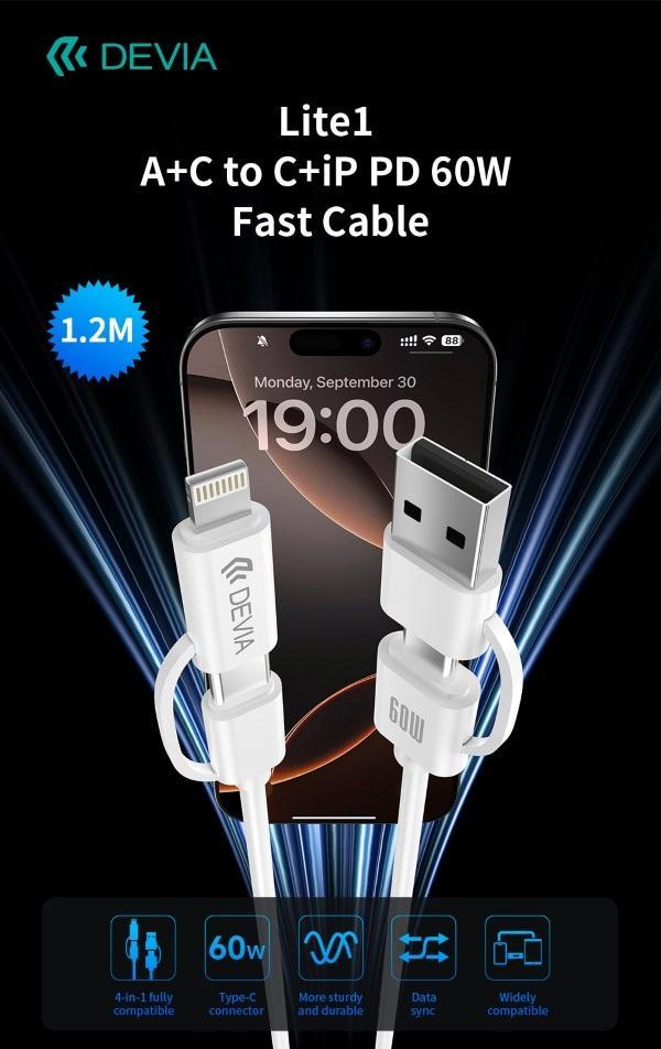 Cavo di ricarica rapida USB A e USB C con connettore Lightning 60W Devia 1.2 metri