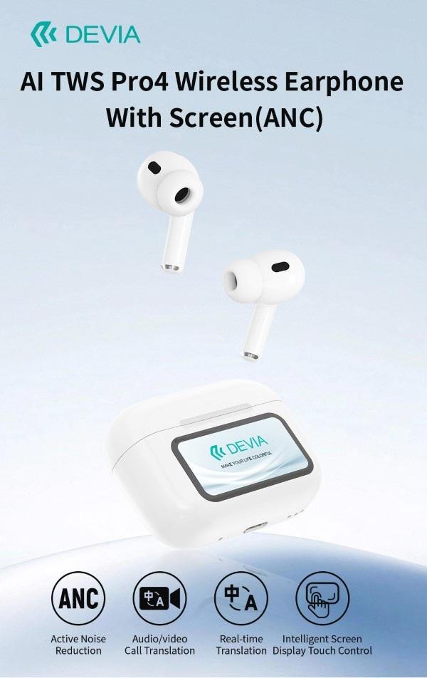 Auricolari TWS wireless Devia con funzione traduttore e display intelligente Auricolari TWS Devia con traduttore simultaneo e display touch intelligente