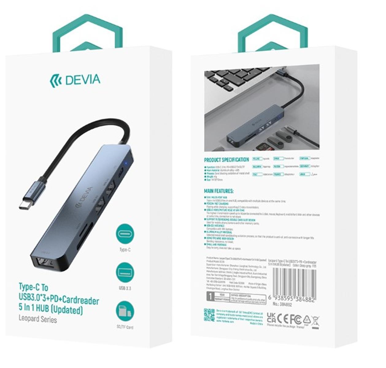 devia devia adattatore usb type c 5 in 1 lettore schede devia dehb51pd882 - foto 4