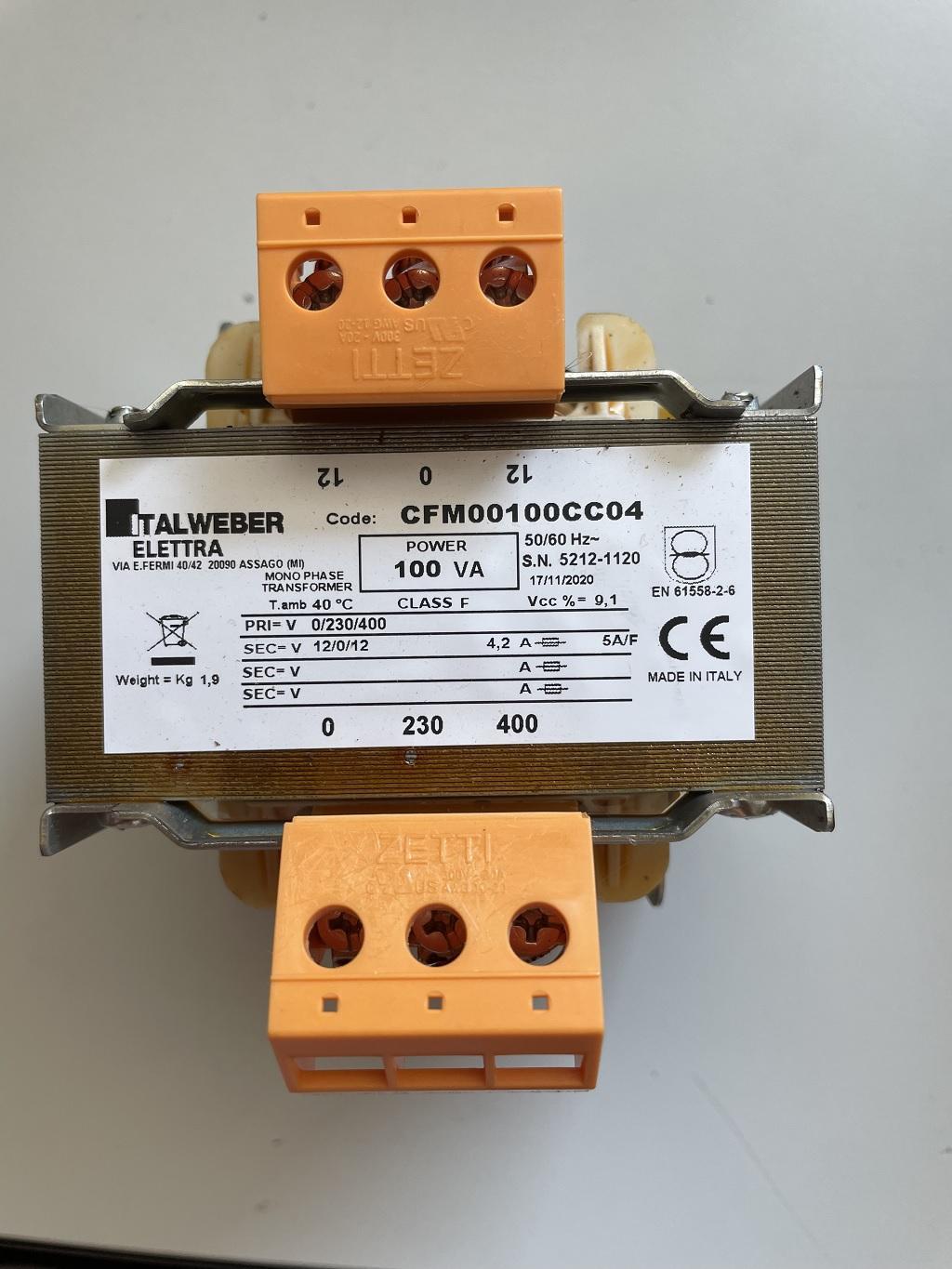 trasformatore monofase Italweber 100VA bobina avvolgimenti morsetti elettrici etichetta tecnica